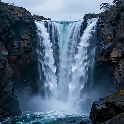 Photograph of a powerful, multi-tiered waterfall cascading down rugged, dark rock cliffs into a misty, blue-green pool below.