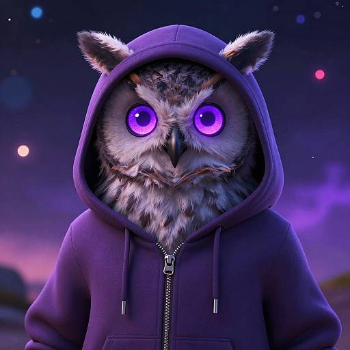 Mysterious Owl-Humanoid in Cosmic Hoodie