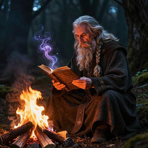 Venerable Wizard Reading by Campfire