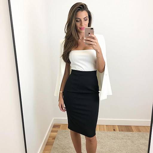 Woman Taking Mirror Selfie in White and Black Outfit