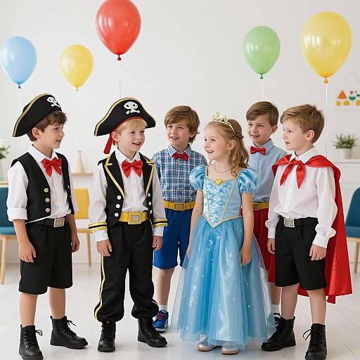 Photograph of six young children in costumes; five boys in pirate and sailor outfits, one girl in a princess dress, surrounded by colorful balloons indoors.