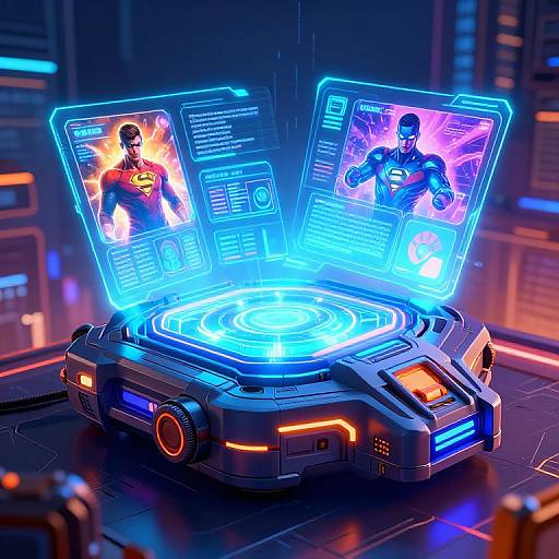 Digital artwork of a futuristic holographic console displaying glowing blue screens with Superman and Batman, illuminated neon lights, and a high-tech, sci-fi lab background