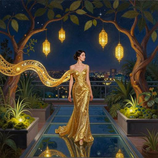 Moonlit Gold Gown Rooftop Stroll
