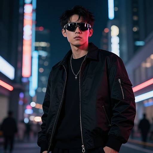 Photograph of a young Asian man in black sunglasses, jacket, and shirt, standing in a neon-lit urban night scene.