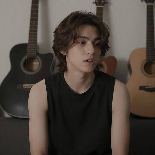 Young Man with Guitars in Dimly Lit Room