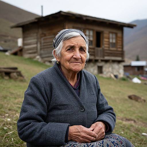 Photograph of an elderly woman with white hair, wearing a dark blue cardigan and patterned skirt, sitting in front of a rustic wooden house on