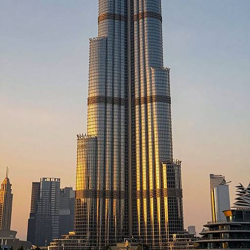 Photograph of a towering, glass-covered skyscraper with golden sunlight reflecting on its surface, surrounded by shorter buildings at sunset.