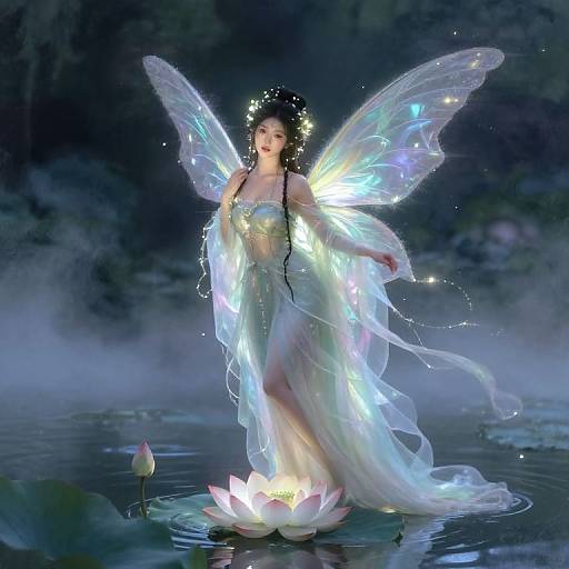 Digital fantasy artwork of a glowing fairy with translucent wings, standing on a lotus flower in a misty, dark water background.
