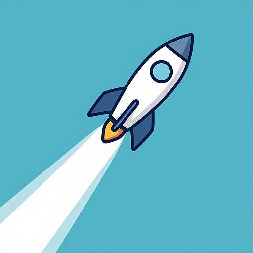 Digital illustration of a white rocket with blue fins and nose, orange exhaust, and a blue circular window, against a bright blue background, emitting a white