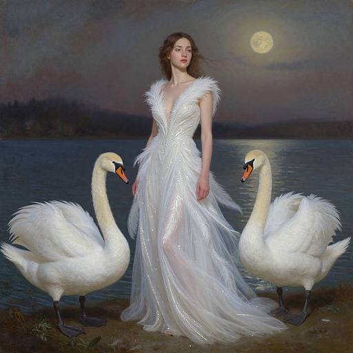 Ethereal painting of a woman in a flowing white gown, standing between two swans by a moonlit lake.