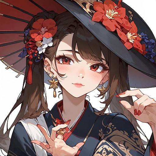Digital anime-style portrait of a beautiful young woman with long black hair, red eyes, and fair skin, wearing a black floral kimono and hat,