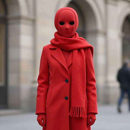 Photograph of a person in a red, full-body mask, red coat, and matching scarf, standing in a blurred urban archway.