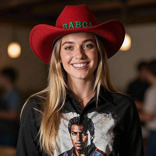 Photograph of a smiling blonde woman with long hair, wearing a red 