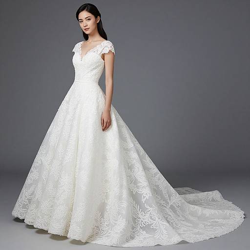 Photograph of a young woman with long black hair, wearing an elegant white lace wedding gown with a full skirt and short sleeves, standing against a gray
