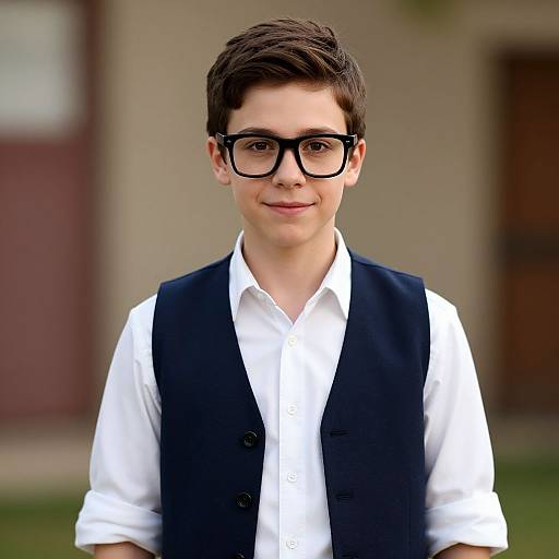 Photograph of a young boy with short brown hair, wearing black-framed glasses, white shirt, and navy vest, smiling slightly. Blurred background