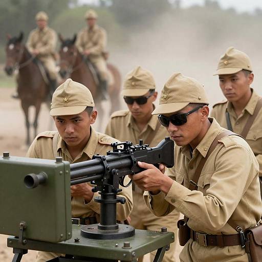 Intense Soldiers Operating a Machine Gun