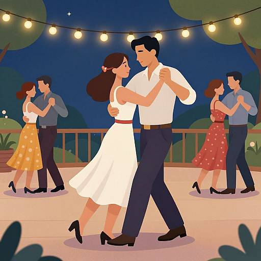 Digital illustration of a nighttime dance party with string lights, couples dancing, a central couple in white dress and shirt, surrounded by others in colorful dresses and