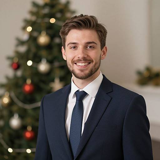 Photograph of a smiling young man with short brown hair and beard, wearing a dark blue suit, white shirt, and navy tie, standing in front