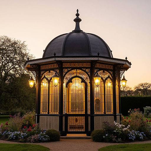 Photograph of a Victorian-style glass pavilion with a black dome, illuminated by yellow lamps, surrounded by colorful flower beds at sunset.
