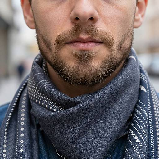 Close-up photograph of a bearded man with a trimmed mustache, wearing a dark blue patterned scarf, blurred urban background.