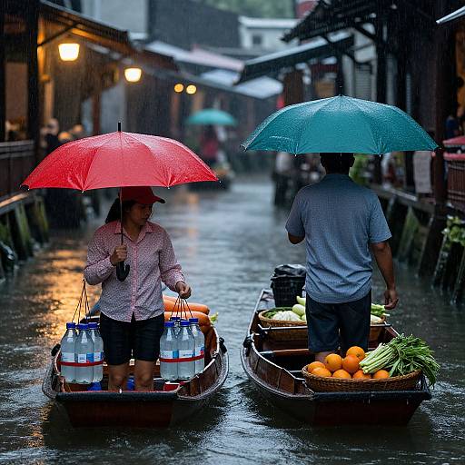 Photograph of two Asian vendors in wooden boats, holding red and blue umbrellas, selling water and oranges on a rainy, narrow street.