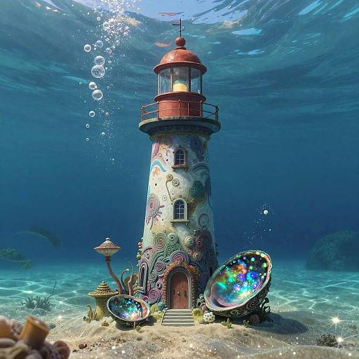 Fantastical underwater lighthouse adorned with colorful swirls, surrounded by glowing iridescent shells, and bubbles, set on a sandy seabed.