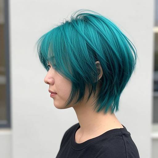 Photograph of a young woman with short, vibrant turquoise blue hair in profile, wearing a black shirt, against a blurred white background.