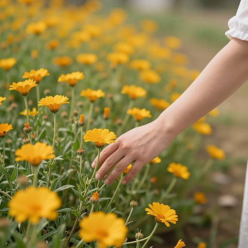 Photograph of a light-skinned hand gently touching a vibrant yellow dandelion in a lush, blooming field of similar flowers.