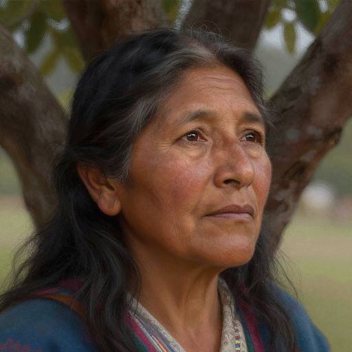 Photograph of an elderly Indigenous woman with long black hair, brown eyes, and weathered skin, standing against a tree in a green, blurred outdoor