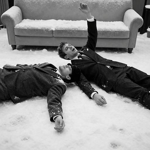 Two Men in Suits Lying on Snowy Floor