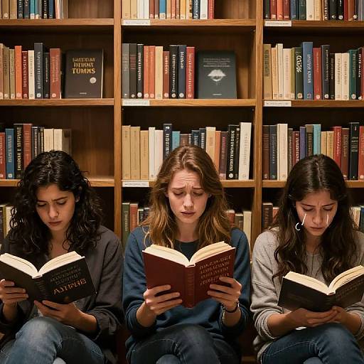 Photograph of three young women with long hair, sitting in a library, intently reading books; wooden bookshelves filled with colorful books in the