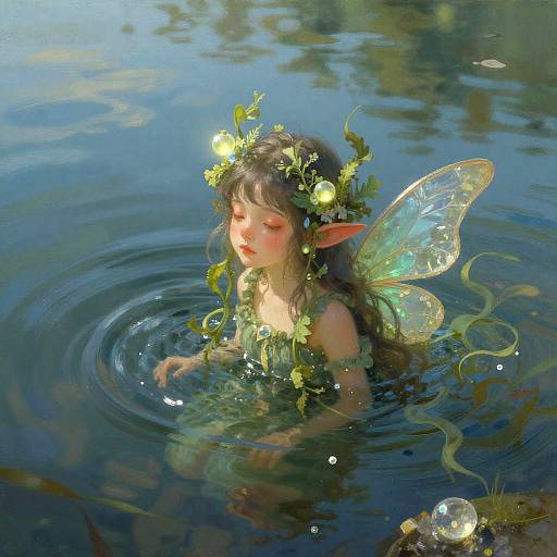 Digital painting of a serene fairy with green leaves and flowers in her hair, translucent wings, and pointed ears, floating in a reflective blue pond.