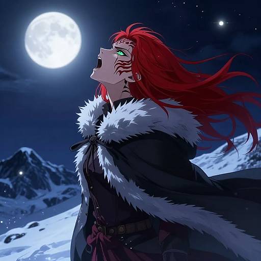 Anime-style digital illustration of a red-haired woman with green eyes, tribal markings, open mouth, black fur-collared cloak, under full moon,