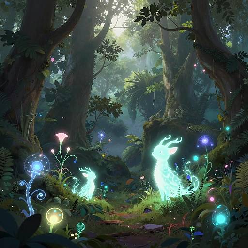 Digital fantasy artwork of a mystical forest with glowing blue and white ethereal creatures amidst vibrant, bioluminescent plants and towering trees.