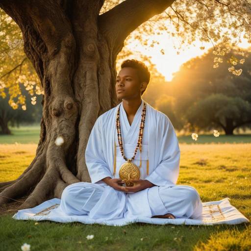 Young Man Meditating Under Tree at Sunset