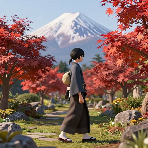 Anime-style digital artwork of a woman in traditional black kimono and sandals, carrying a beige backpack, walking through a vibrant autumn garden with red maple trees