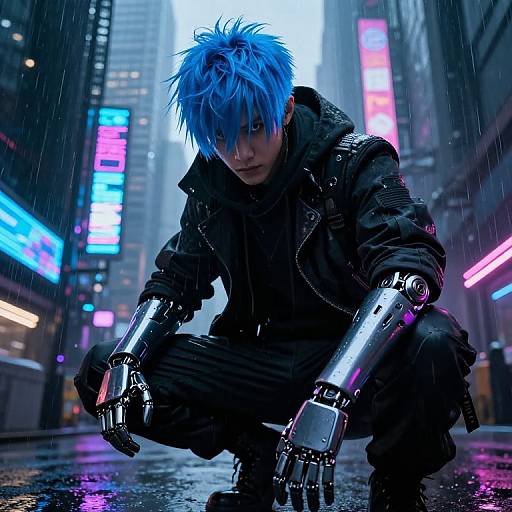 Cyberpunk street scene: Blue-haired, futuristic cyborg with metallic arms crouches in rain, neon lights glowing in dark, wet alley.