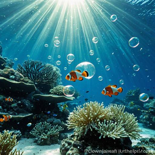 Underwater Coral Reef with Clownfish and Sunlight Rays