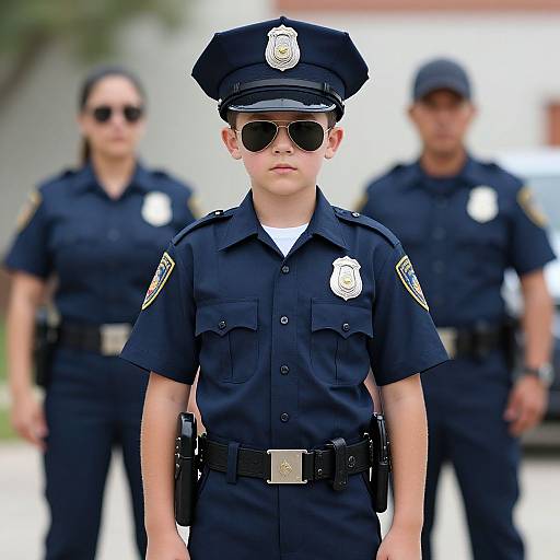 Photograph of three police officers: front-center is a young male with sunglasses, dark uniform, and serious expression, with two blurred officers behind.