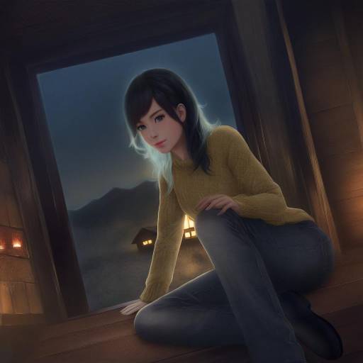 Young Woman in Cozy Sweater at Mountain Cabin Window