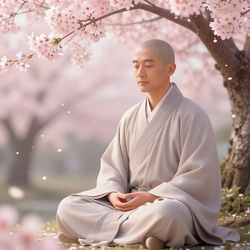 Serene Monk Meditating Under Cherry Blossoms