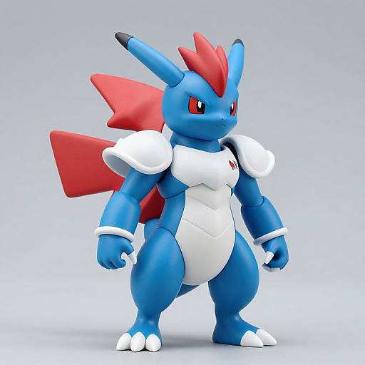 3D CGI of a blue, anthropomorphic, dinosaur-like Pokémon with red spines, white armor, red eyes, and a white chest, standing