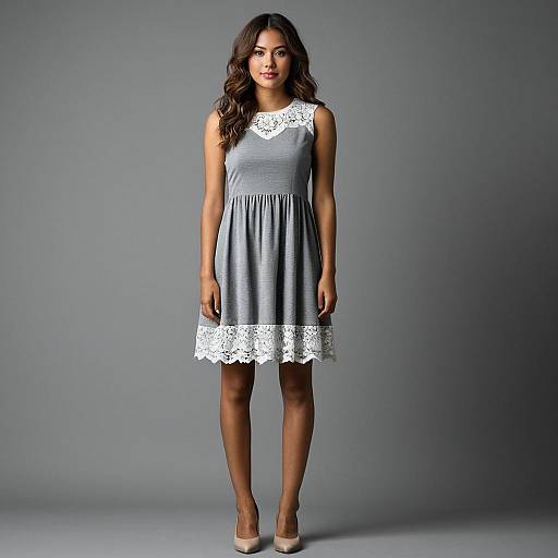 Young Woman in Gray Sleeveless Dress with White Lace Trim