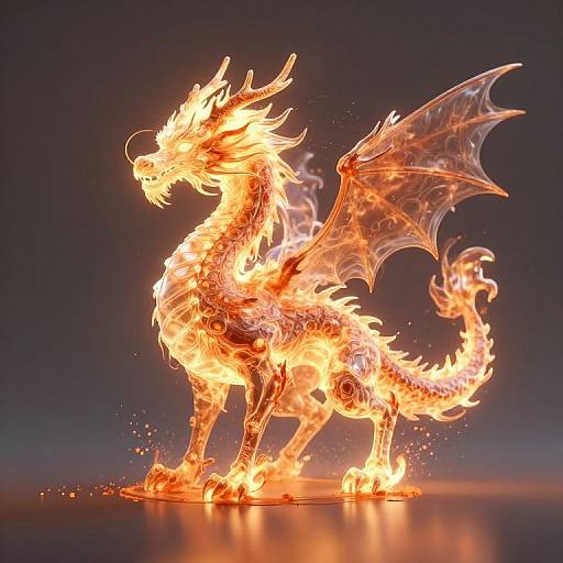 Photograph of a fiery, translucent dragon with glowing orange flames, translucent wings, and sharp, burning edges standing on a reflective surface against a dark background