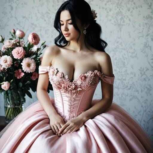 Elegant Woman in Pink Floral Ball Gown