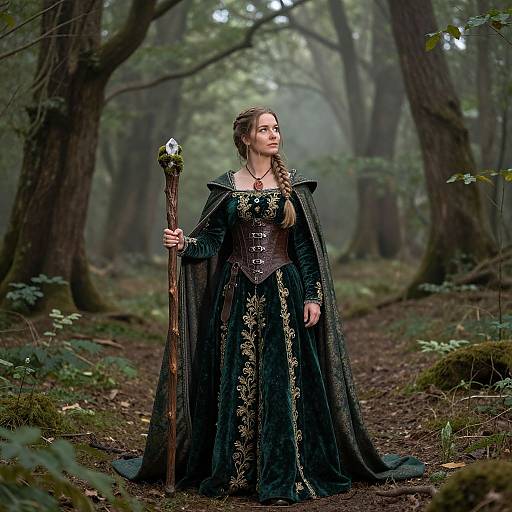 Photograph of a fair-skinned woman with long brown hair in an elaborate black medieval gown and cloak, holding a staff, standing in a misty