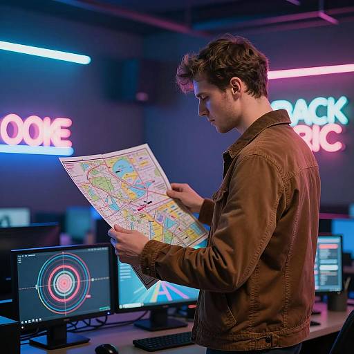 Man Examining Map in Neon-Lit Cyber Room