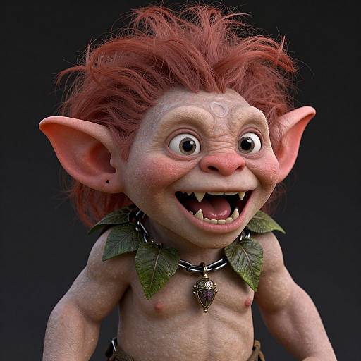 CGI image of a mischievous, red-haired, topless goblin with large ears, wide eyes, sharp teeth, leaf necklace, and