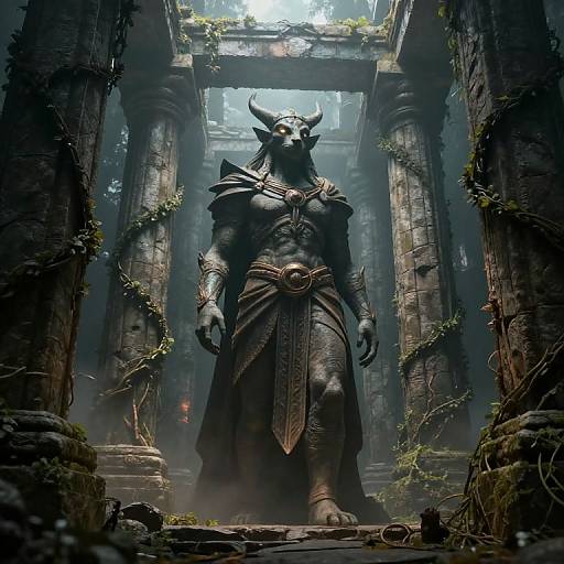 Digital artwork of a towering, armored minotaur standing in a moss-covered, ruined temple with sunlight filtering through broken columns.