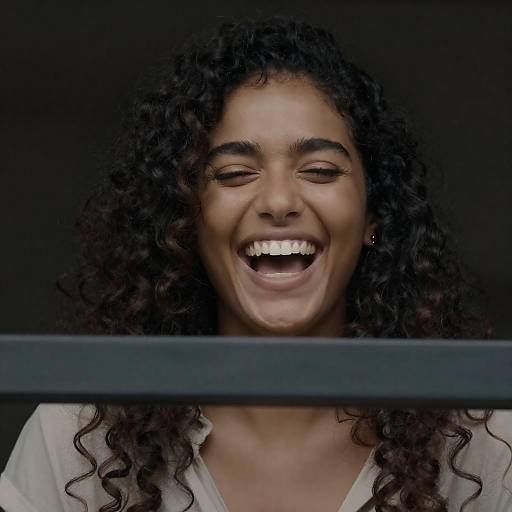 Joyful Laughing Woman Behind Dark Bar